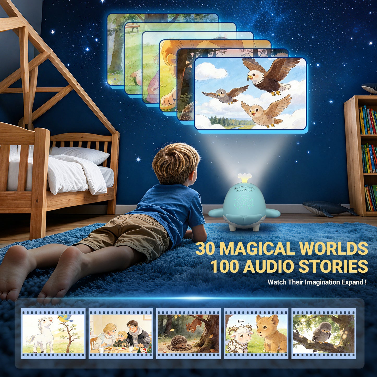 Kids Story Projector with 30 Story Cards, Projector for Kids Ages 3-7, Screen-Free Storytelling Device with Remote, Adjustable Stand, Portable Rechargeable, 160+ Audio Tracks, Gift for Boys Girls
